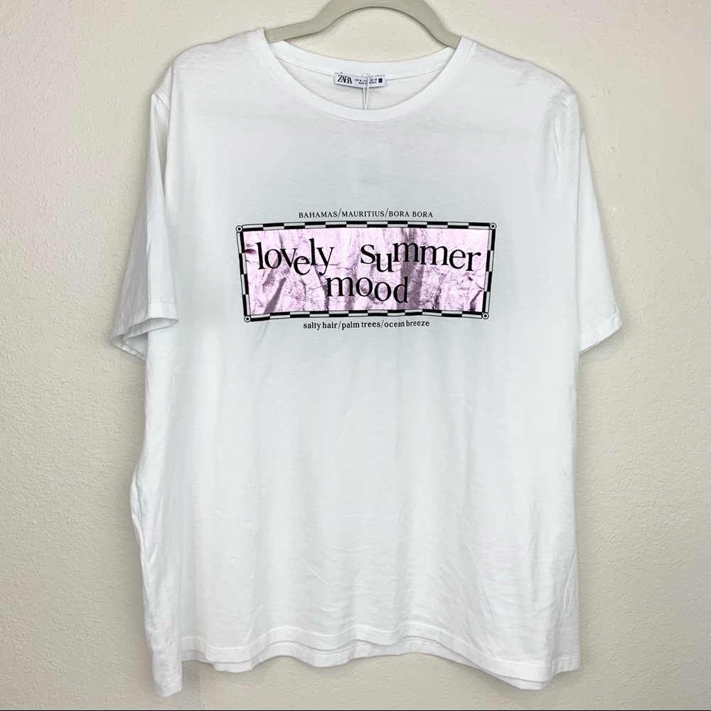Zara Lovely Summer Mood Graphic Tee Shirt Iridescent Shine Cotton Vacation - Picture 3 of 7